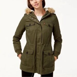 Women's Olive Parka Jacket with Faux Fur Trim
